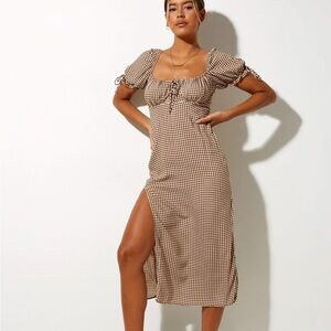 gold shoes burgundy dress Bandeau Brown Check Pleated Mini Dress